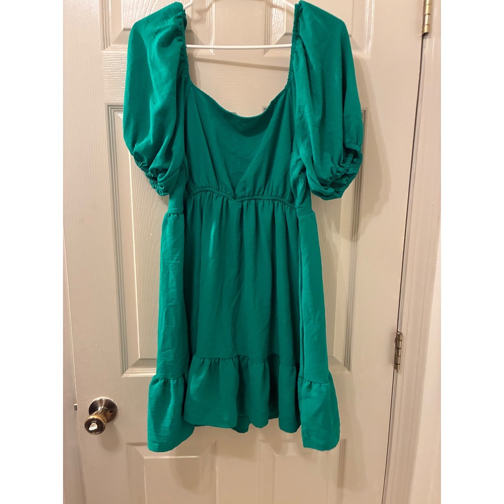 Caramela Green Puff Sleeve Mini Dress Square Neck Ruffle Hem Babydoll Womens